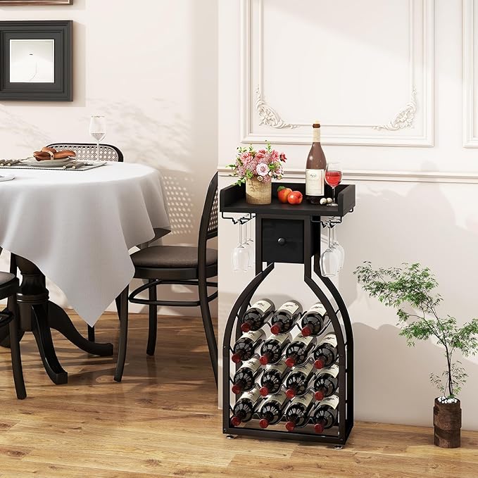 IBUYKE Wine Rack Freestanding Floor,Wine Storage 15 Bottles Bottle Rack with Glass Holders, Mini Bar Wine Cabinet with Storage Drawer for Home Bar Kitchen Dining Room,Black,UTMJ908B-Ruum Studio Home