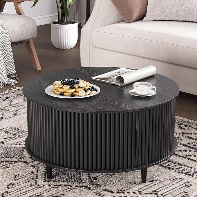 Round Coffee Table with Storage,Mid Century Modern Dining Table with Sliding Cabinet Door for Living Room,Home Small Space,31.5" Small Center Table,Black-Ruum Studio Home