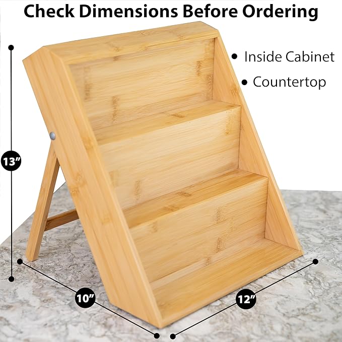 Extra Sturdy 3-Tier Bamboo Spice Rack – 12" W x 10" D x 13" H – Foldable Non-Slip Wooden Spice Organizer for Countertop, Cabinet & Drawer – Includes Labels, Funnel & Hooks – Spice Jars NOT Included-Ruum Studio Home