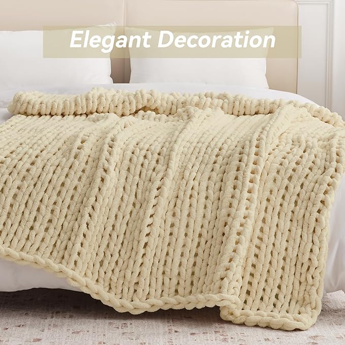 Chunky Knit Throw Blanket, 40''*50'' Knitted Throw Chenille Yarn for Bed Couch, Handmade Oatmeal Crochet Big Thick Blanket, Machine Washable Cute Comfy Blanket for Home Decor-Ruum Studio Home