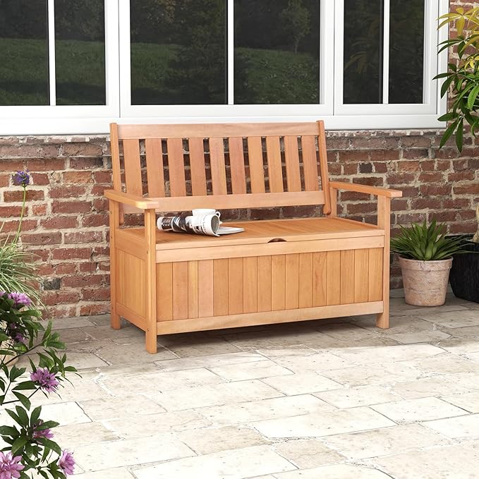 Tangkula 48 Inch Outdoor Wood Storage Bench Deck Box, Wooden Storage Loveseat with 34.2 Gal Inner Space, Entryway Bench Deck Box with Slatted Backrest, Storage Seat for Garden, Lawn, Balcony & Porch-Ruum Studio Home