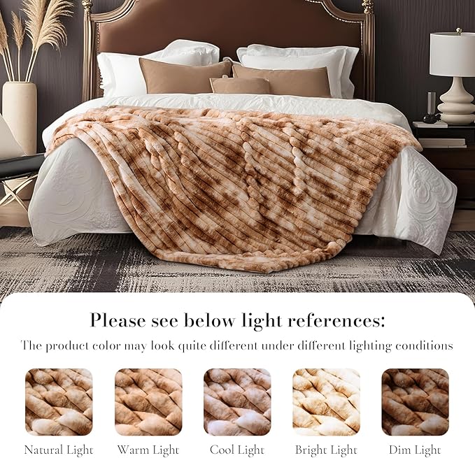 Amélie Home Faux Fur Throw Blanket for Couch, Cozy Fuzzy Fluffy Fur Luxurious Soft Striped Plush Gift Blankets for Family Sofa Chair Bed Living Room Bedroom, 55"x70", Tie-dye Khaki-Ruum Studio Home