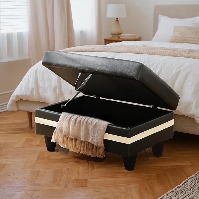 Ottoman Rectangular Storage Ottoman Bench, Faux Leather Footrest, Coffee Table, Stool Footstool with Hinged Lid for Living Room, Bedroom, Entryway, Black with White Strip, 35"x23.5"x17.5"-Ruum Studio Home