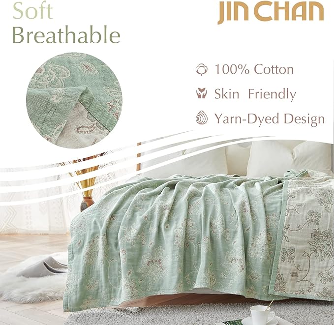 jinchan Boho 100% Cotton Muslin Twin Size 60x80 Inches Blanket Lightweight 4-Layer Quilted Soft Green and Beige Floral Throw Blanket Reversible Comfy Flower Breathable All Seasons Couch Bedroom Decor-Ruum Studio Home
