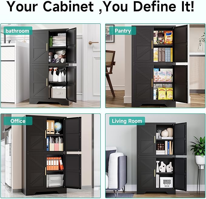 SISESOL Black Storage Cabinet with 4 Doors and 2 Adjustable Shelves,Farmhouse Food Pantry Cabinets,Small Bathroom Cabinet,4 Tier Metal Storage Cabinets for Home Kitchen,Dining/Living/Laundry/Room-Ruum Studio Home