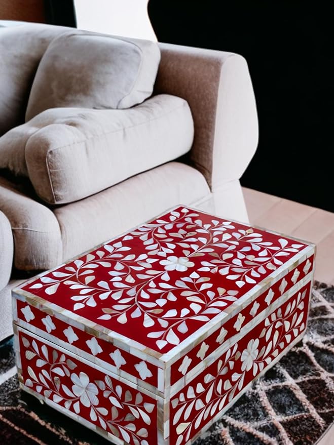 Decorative Wooden Storage Box with Mother of Pearl Inlay – Elegant Floral Design – Perfect for Home Décor in Living Room, Dining Area, or Bedroom (Red, 12x8x5 inches)-Ruum Studio Home