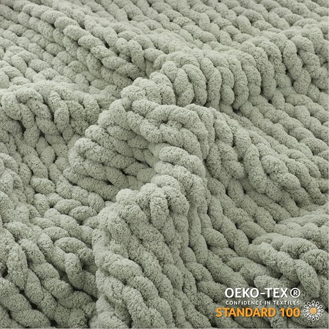 WESHIONGOO Chunky Knit Blanket Throw 50"×60" Knitted Throw Blankets for Couch Bed Fluffy Soft Blanket with Jumbo Chenille Yarn Thick 100% Handmade (Sage Green)-Ruum Studio Home