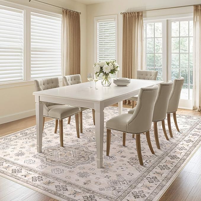 Washable Area Rugs for Living Room - 7x9 Neutral Vintage Distressed Floral Farmhouse Boho Large Soft Floor Rug Indoor Non Slip Carpet for Living Room Bedroom Dining Room Office - Beige Brown-Ruum Studio Home