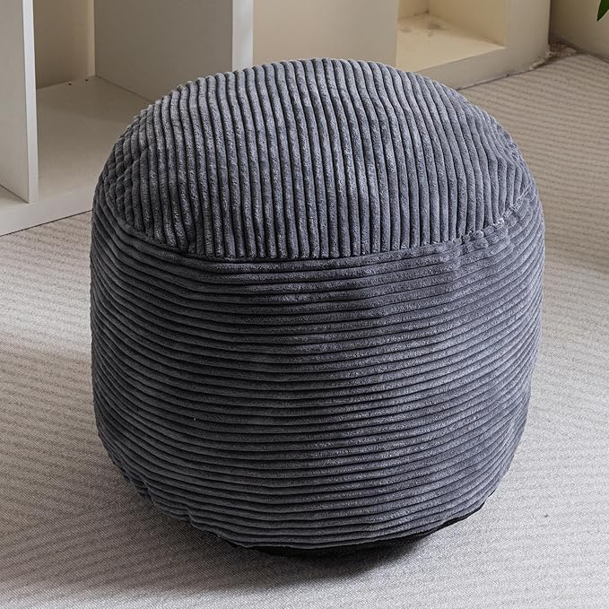 HIGOGOGO Round Stuffed Pouf Ottoman, Corduroy Poufs with Foam Chunk Filling, Furry and Fluffy Pouf Foot Stool Storage Ottoman, 20 X 15 Floor Poufs Foot Rest for Living Room, Dark Grey-Ruum Studio Home