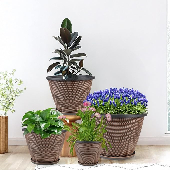 4 Pack 8 inch Plant Pot, Plastic Pots for Plants Indoor, Round Planters for Outdoor Plants with Drainage Holes & Trays, Decorative Flower Pots Garden Containers Sets for Houseplants (Black Copper)-Ruum Studio Home