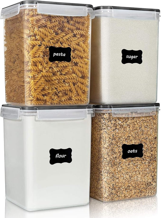 Vtopmart 4 PCS Large Food Storage Containers 5.2L / 175oz, 4 Pieces BPA Free Plastic Airtight Canisters for Flour, Sugar, Baking Supplies, Rice with Lids, 4 Measuring Cups and 24 Labels, Black-Ruum Studio Home