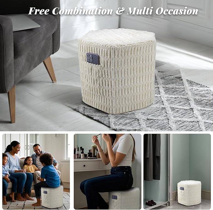 Hexagon Pouf Ottoman Stuffed with 2 Pockets & Handle, Comfort Corduroy Poufs, Non-Slip Foot Stool Storage Ottoman, Foam Floor Poufs Foot Rest for Couch, Bedroom (Beige)-Ruum Studio Home
