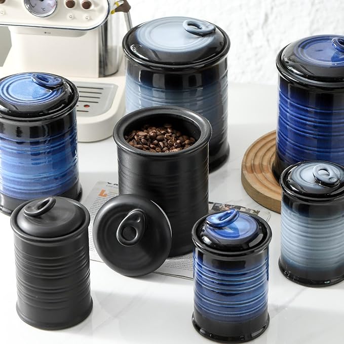 Nihow Food Storage Jar Sets: Ceramic Container with Air Tight Lid for Flour/Sugar/Rice/Coffee/Cookies/Candy - Seal Damp-proof Canister for The Kitchen Counter - Set of 4 （Matte Black）-Ruum Studio Home