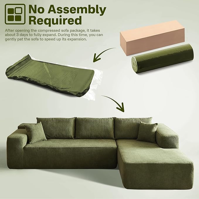 104" Cloud Sectional Couches for Living Room,L Shaped Boneless Couch in A Box,Sleeper Sofa with Comfy Chaise No Assembly Required,Green-Ruum Studio Home