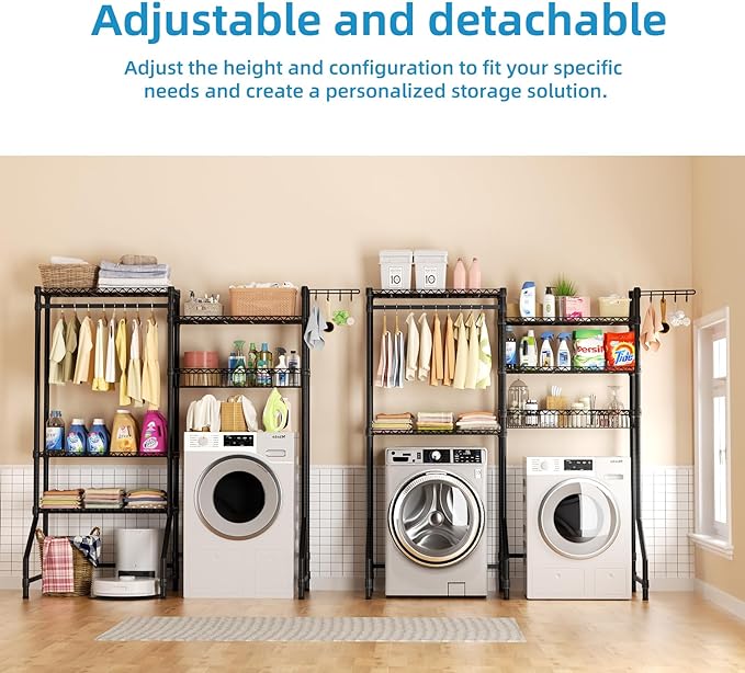 Over Washer and Dryer Shelves,Heavy Duty Laundry Room Storage Organization Clothes Drying Rack,5 Tier Adjustable Height Wire Shelving and Wire Basket with Hanger Rod&Hook,Space Saving Shelf-Ruum Studio Home