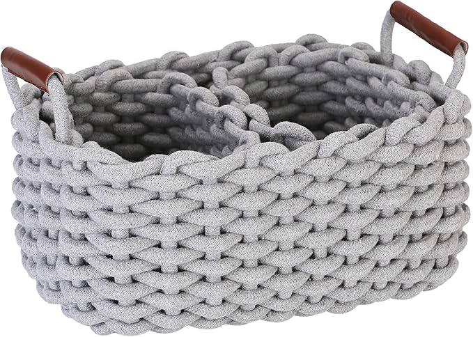 Sea Team 3-Pack Rectangle Woven Cotton Rope Storage Baskets with Handles, Shelf Basket, Closet Organizers, 3-in-1, Gray-Ruum Studio Home