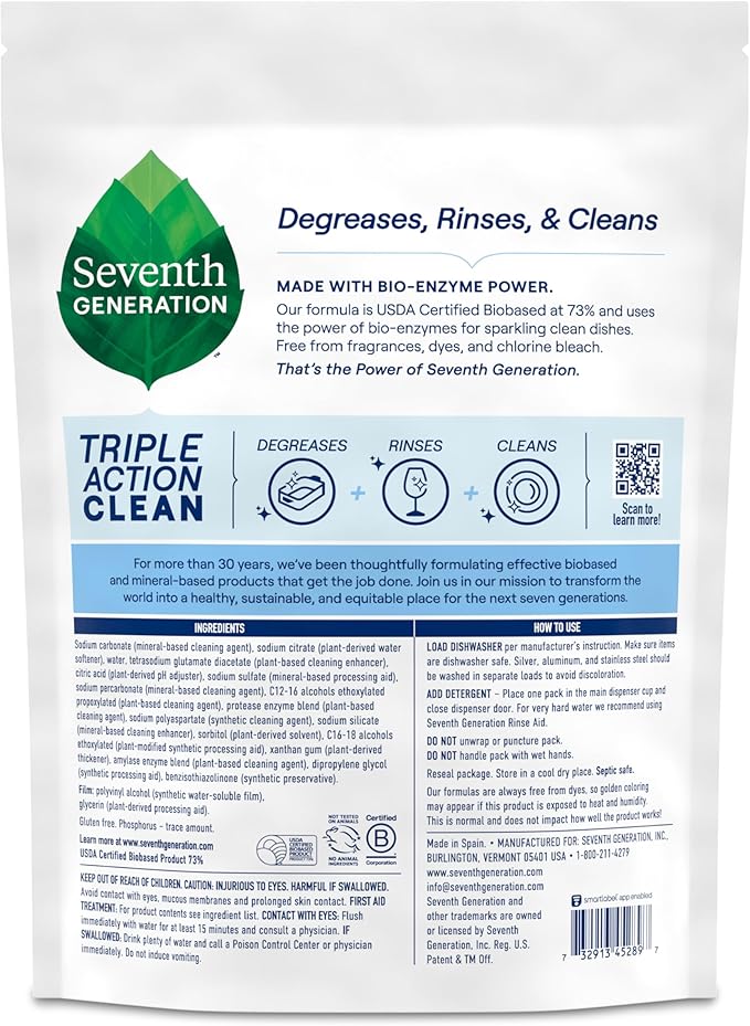 Seventh Generation Triple Action Clean Automatic Dishwasher Detergent Packs with Bio-Enzyme Power, Free & Clear, Fights 48-hour Stuck-on Food, 54 count-Ruum Studio Home