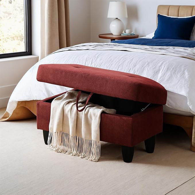Ottoman Rectangular Storage Ottoman Bench, Flannel Footrest Stool Footstool with Lid for Living Room, Bedroom, Entryway, Red, 28.5"x19"x17.5"-Ruum Studio Home