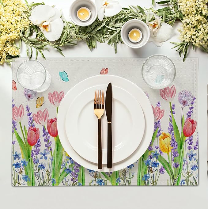 Tulip Placemats Set of 4 Spring Summer Flowers Tulips Lavender Place Mats Watercolor Floral Dandelion Butterfly Non-Slip Heat Resistant Washable Linen Table Mats for Dining Table Kitchen Decor-Ruum Studio Home