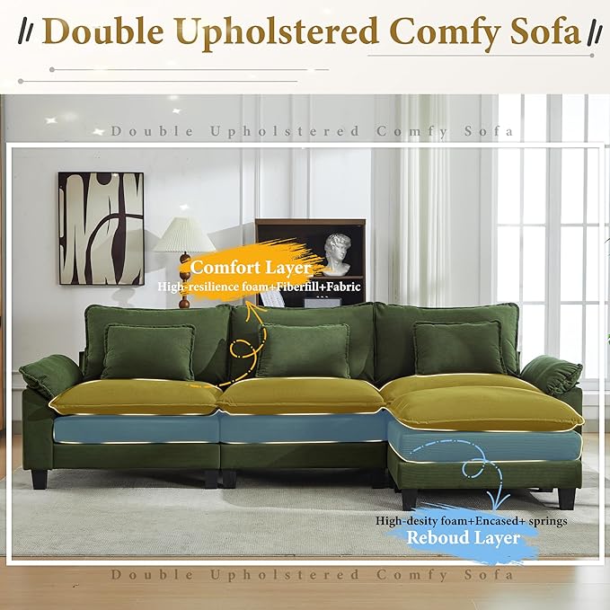 URRED Modular Sectional Sofa Comfy Cloud Couch, Modern Corduroy Sofa Sleeper Deep Seat Couches with Ottoman/Pillows for Living Room (Green, 117''- L Shape)-Ruum Studio Home