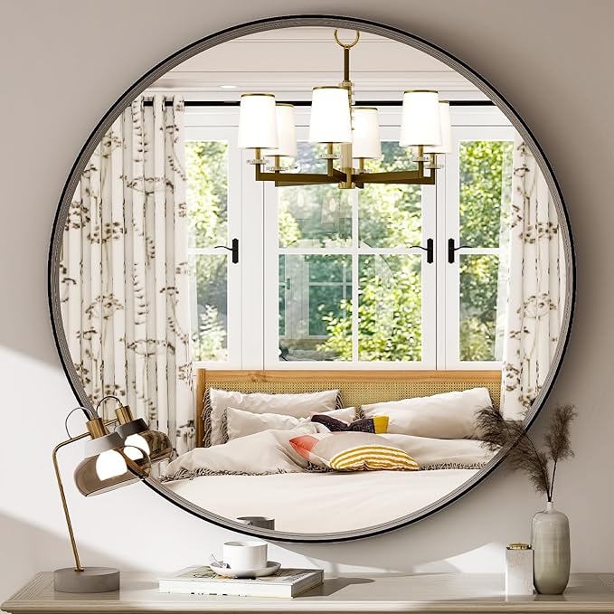 24 Inch Round Bathroom Mirror - Wall Mounted Circle Mirror with Metal Frame, Modern Mirror Suitable for Bathroom, Vanity, Entryway, Living Room, Wall Decor,Black-Ruum Studio Home