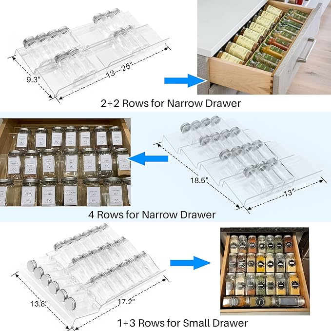Antimbee Spice Drawer Organizer, 4 Tier- 4 Pack Acrylic Spice Rack Tray for Drawer, Expandable From 13" to 26" Kitchen Spice Rack Tray for Countertop Holds up 28 Spice Jars (Jars not Include)-Ruum Studio Home