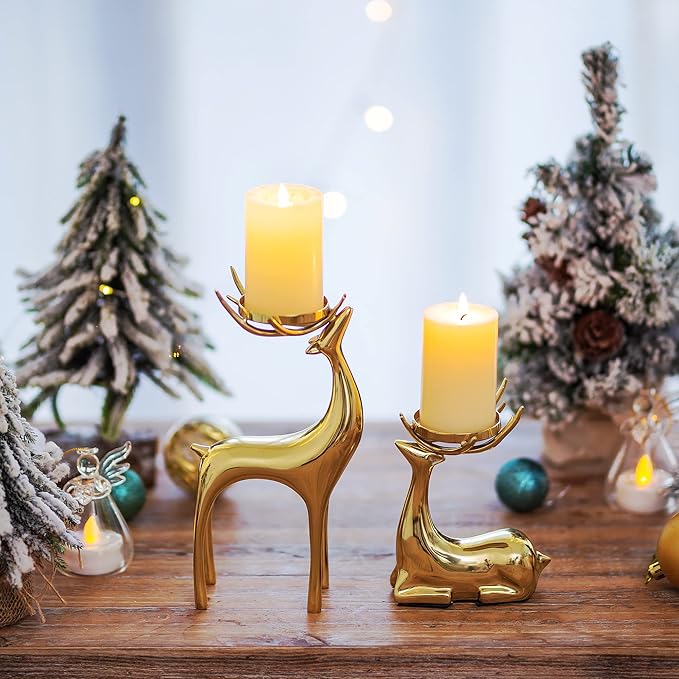 Sziqiqi Gold Reindeer Candle Holder for Pillar Candles Brass Reindeer Tealight Candle Holders Copper Deer Gift Christmas Decor for Table Centerpiece Living Room Mantle Decoration-Ruum Studio Home