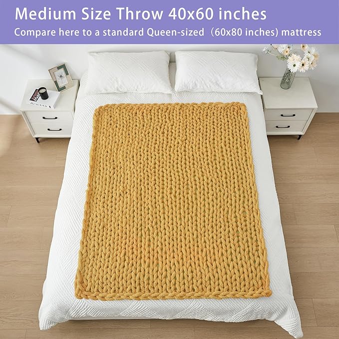 Bigacogo Chunky Knit Throw Blanket for Couch, 40x60 inches, 100% Hand Knitted with Thick Jumbo Chenille Yarn, Cozy Soft Large Rope Knot Cable Crochet Blankets for Sofa Bed Living Room, Mustard Yellow-Ruum Studio Home
