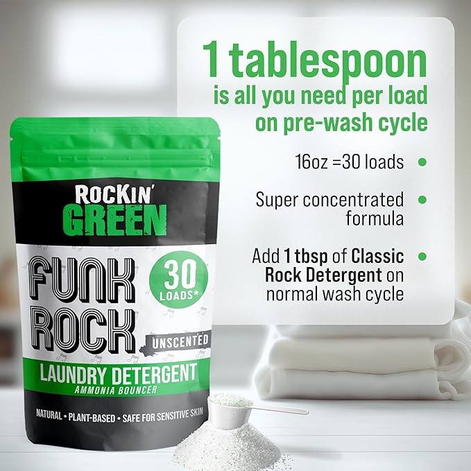 Rockin' Green Laundry Detergent, Plant based, All Natural Laundry Detergent Powder, Vegan and Biodegradable Odor Fighter, Safe for Sensitive Skin (Funk Rock Ammonia Bouncer 30 Loads - Unscented)-Ruum Studio Home