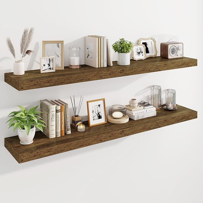 Marsmiles 55" Floating Shelves for Wall, Wooden Shelves with Invisible Brackets Set of 2, Rustic Farmhouse Wall Mounted Shelf for Kitchen Bathroom Living Room Study, Rustic Brown-Ruum Studio Home