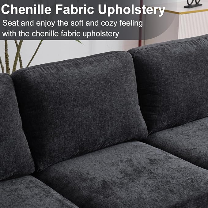 Karl home U-Shape Sectional Sofa Couch 111" Modern 4-Seat Sofa with Chaises Chenille Fabric Upholstered Covertible Couch with Wood Grain Legs for Living Room, Reception Room, Apartment, Black-Ruum Studio Home