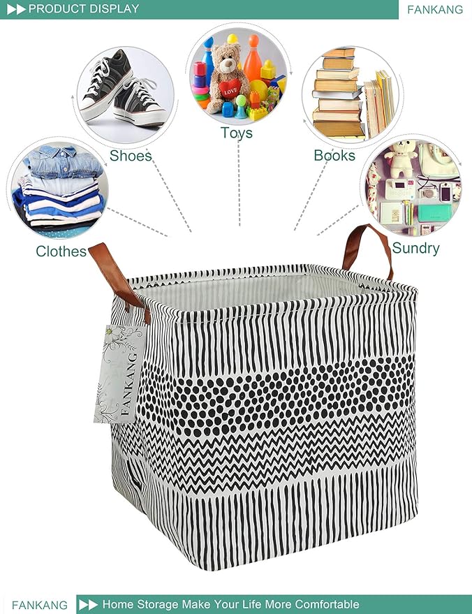 FANKANG Square Nursery Hamper Storage Bins Canvas Laundry Basket Foldable with Waterproof PE Coating Storage Baskets Gift Baskets for Children, Office, Bedroom, Clothes（Square-Black Lines ）-Ruum Studio Home