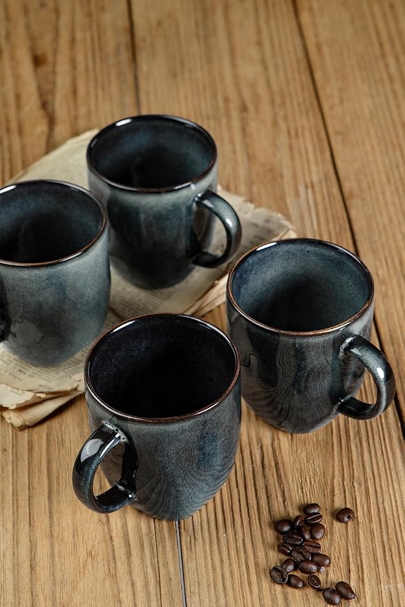 famiware Coffee Mugs Set of 4, Ocean Square 13oz Coffee Cup Set with Handle for Cocoa, Milk, Hot Chocolate, Stoneware Cups for Kitchen, Reactive Glaze, Microwave and Dishwasher Safe, Deep Forest-Ruum Studio Home