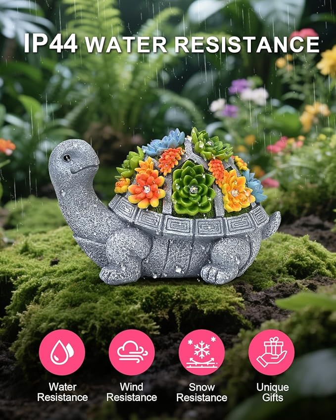 Solar Turtle Statue Garden Decor for Outside with Succulents and 7 LED Lights – 10.3 Inch Cute Lawn Ornaments for Patio, Porch, Balcony & Yard – Unique Birthday Gifts for Women Mom Grandma Wife-Ruum Studio Home