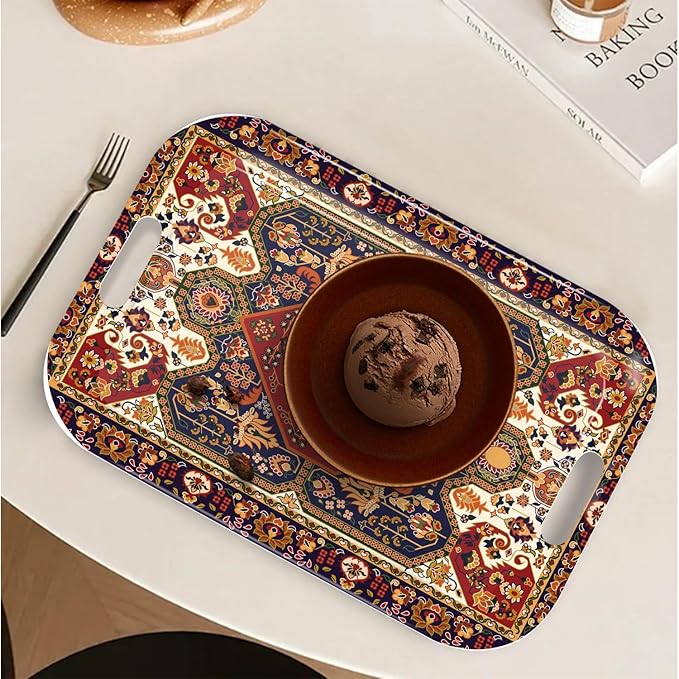 Serving Trays with Handles, 14.5 x 9.8 inch Rectangular Plastic Tray for Restaurant, Kitchen, Dark Red Pattern-Ruum Studio Home
