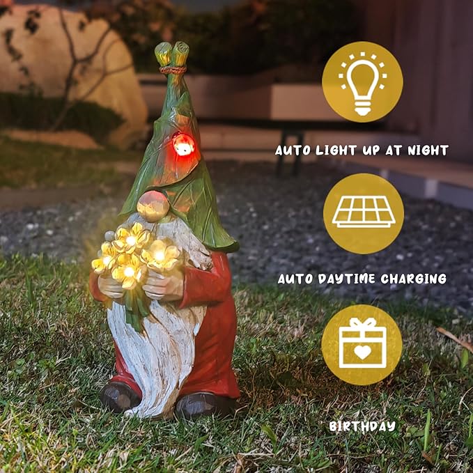 COWOS Garden Gnome Statue Outdoor Decor, Solar Garden Gnome Figurine Light, Resin Statues Sculpture for Patio Yard Lawn Outdoor Decorations-Ruum Studio Home