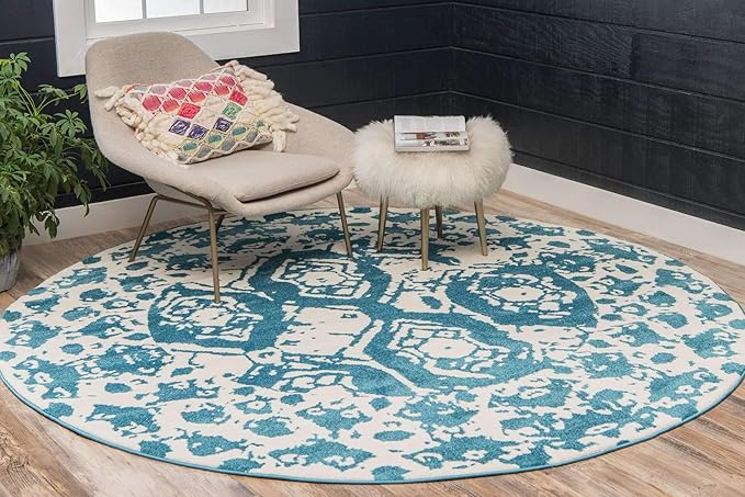 Unique Loom Rosso Collection Vintage Traditional Distressed Blue Round Rug (3' 3 x 3' 3)-Ruum Studio Home