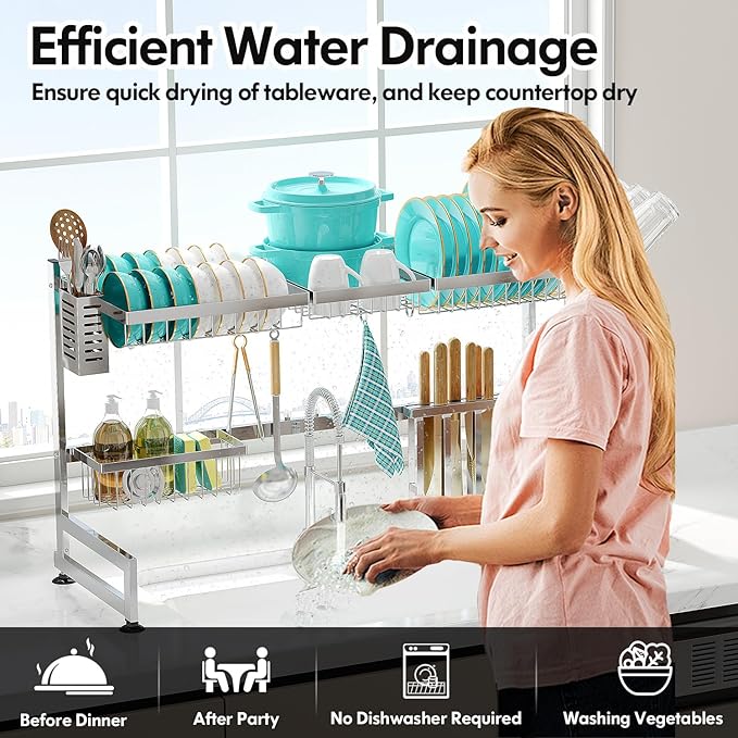 MAJALiS Over Sink Dish Drainer Drying Rack, 2 Tier Stainless Steel Dish Rack Over Sink Sink Length Adjustable (33.5-40 in), Expandable Drainer Shelf Rack with Multifunctional Organizers, Sliver-Ruum Studio Home