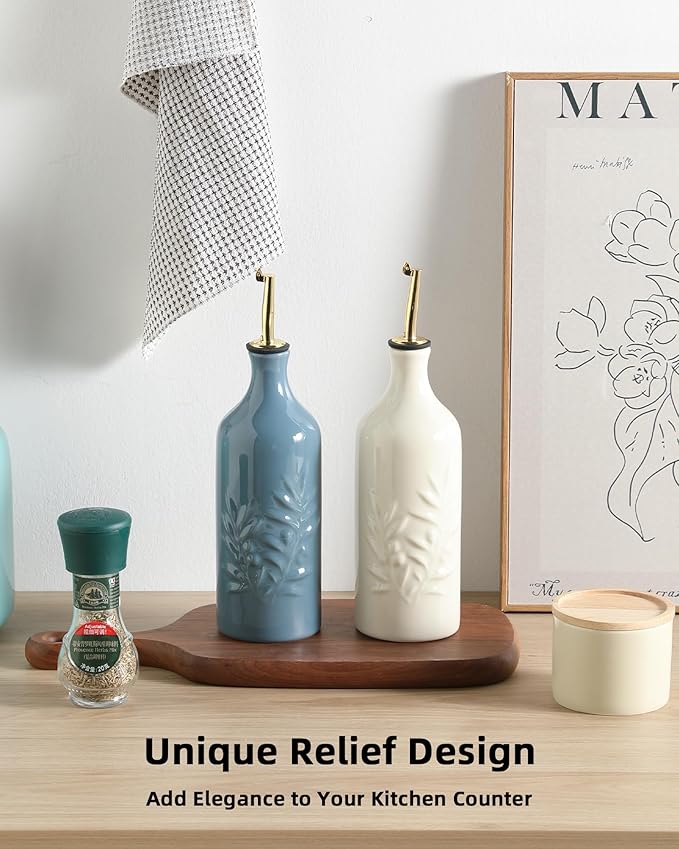 Sweejar Ceramic Olive Oil Dispenser Bottle 20 Oz Relief Opaque Oil Cruet Protects To Reduce Oxidation Suitable for Storage Vinegar, Soy Sauce, Coffee Syrup, Liquids, Set of 1 (Fogblue Gold Spout)-Ruum Studio Home