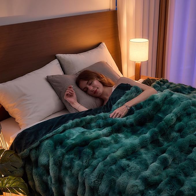 Lotus Karen Faux Fur Throw Blanket Tie-Dye Green - Big Bubble Rabbit Fluff Blanket for Couch, Large Fluffy Fuzzy Cozy Blanket,Thick Furry Plush Shaggy Blankets,108x90 Inches-Ruum Studio Home
