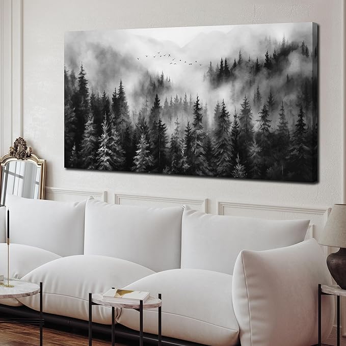 Large Pictures for Living Room Foggy Forest Canvas Wall Art for Bedroom Black Home Office Wall Decor 29 x 59 Inch-Ruum Studio Home