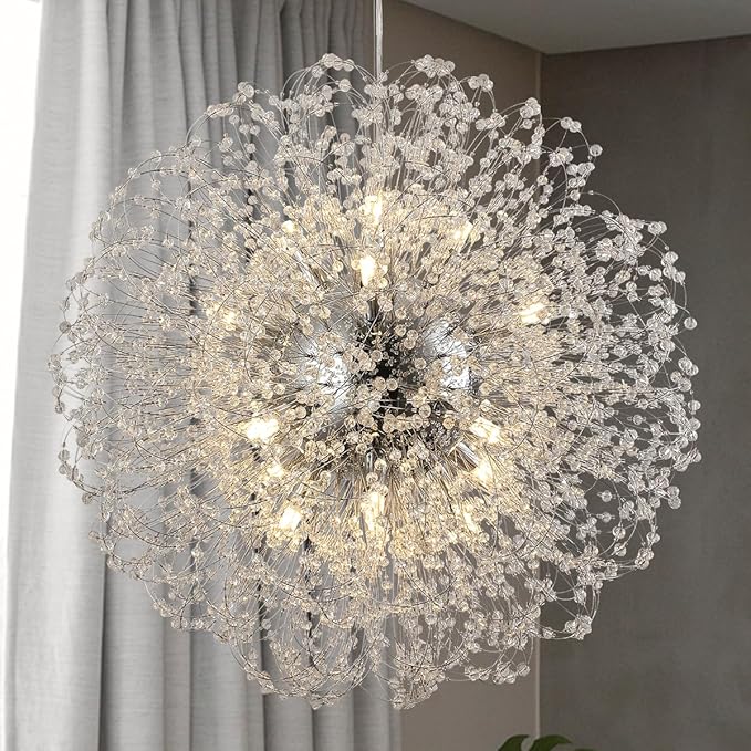 Dandelion Crystal Chandelier with Chrome, Modern Large Sputnik Hanging Lamp, Sunflower Beaded Pendant Light Fixtures High Ceiling for Living Room Bedroom Dining Room (Chrome 16Lights)-Ruum Studio Home