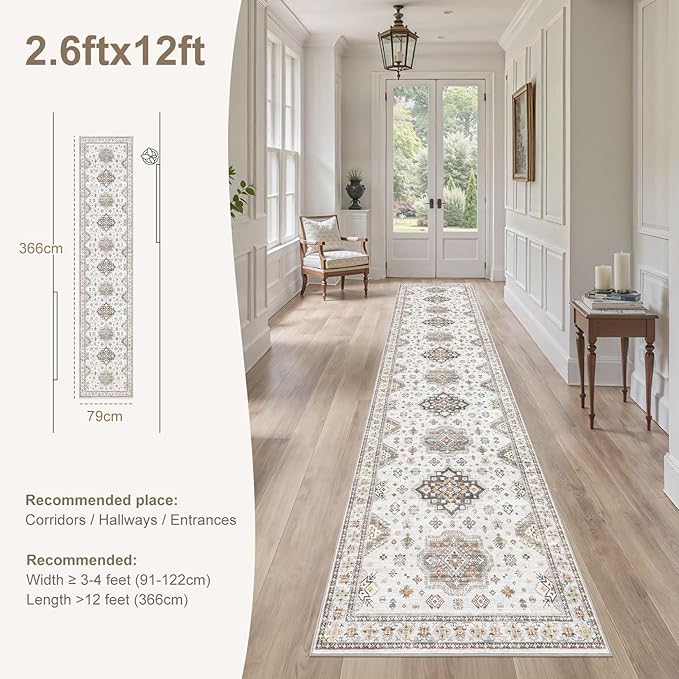 Washable 2.6x12 Runner Rug - Area Rugs Neutral Vintage Distressed Floral Farmhouse Boho Large Soft Floor Rug Indoor Carpet for Hallway Entryway Kitchen Home - Blue Brown-Ruum Studio Home