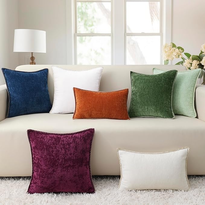 decorUhome Chenille Soft Throw Pillow Covers 12x20 Set of 2, Lumbar Velvet Farmhouse Neutral Decorative Euro Pillow Covers with Stitched Edge for Couch Sofa Bed Home Decor, Rhododendron-Ruum Studio Home