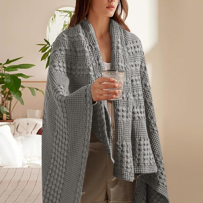 PHF 100% Cotton Waffle Weave Throw Blanket, Soft Lightweight Breathable Cozy Summer Throws for Couch Bed Sofa, Luxury Aesthetic Woven Blanket for Home Decor & Office, 50"x60", Dark Grey-Ruum Studio Home