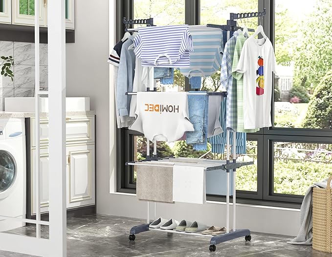 HOMIDEC Clothes Drying Rack, Oversized 4-Tier(67.7" High) Foldable Stainless Steel Drying Rack Clothing, Movable Drying Rack with 4 castors, 24 Drying Poles and 14 Hooks for Bed Linen, Clothing, Grey-Ruum Studio Home