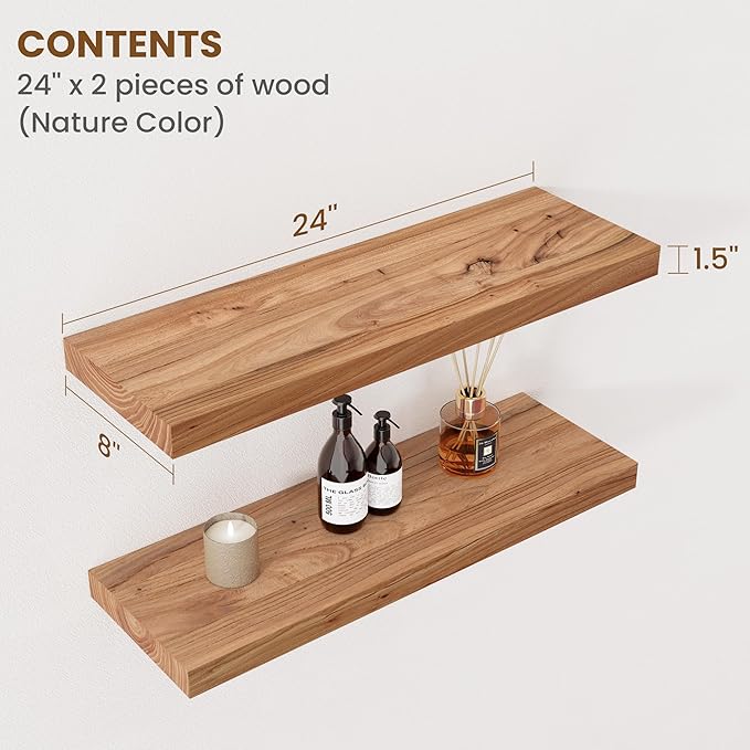 Floating Shelves for Wall Decor, 8" Deep Rustic Solid Elm Wood Floating Shelves Wall Mounted, Wall Shelves with Invisible Bracket for Living Room Bathroom Bedroom Kitchen, 24 Inch Set of 2, Natural-Ruum Studio Home