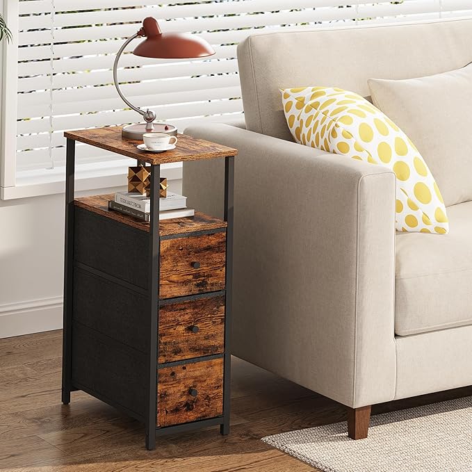 TUTOTAK Narrow Night Stand, Slim End Table, Tall Side Table with 3 Fabric Drawer, Small Bedside Table with Storage, Set of 2, for Living Room, Bedroom, Brown TB01BB072-Ruum Studio Home