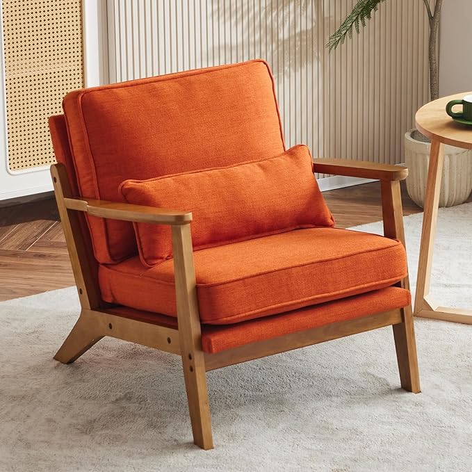 Karl home Accent Chair Wide Armrest Mid-Century Lounge Chair Linen Fabric Armchair with Lumbar Pillow & Solid Wood Frame for Living Room, Bedroom, Balcony, Burnt Orange-Ruum Studio Home