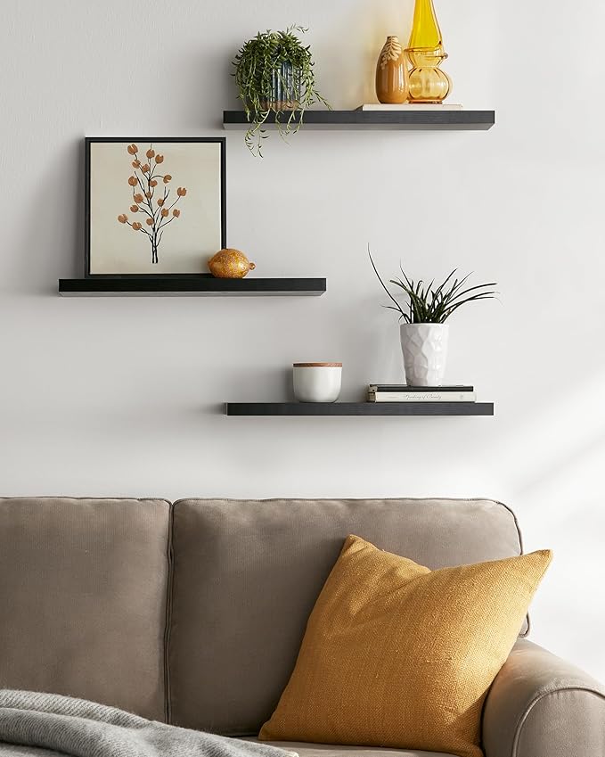 BAYKA Floating Shelves for Wall, 22.5 inches Wall Mounted Rustic Wood Shelves for Bathroom, Bedroom, Living Room, Floating Shelves for Books/Storage/Decor (Black,Set of 3)-Ruum Studio Home
